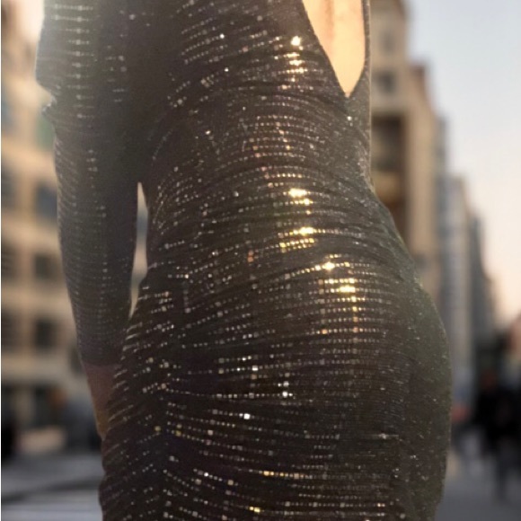 Hand made black cocktail/party dress adorned with copper coloured sequins. - Picture 3 of 5